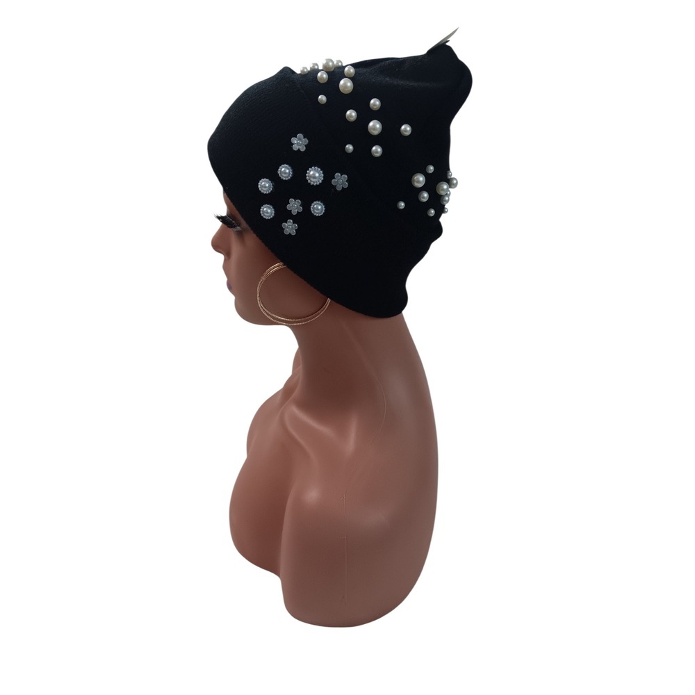 Black Knit Cuffed Beanie with Faux Pearl and Flower Accents Headpiece